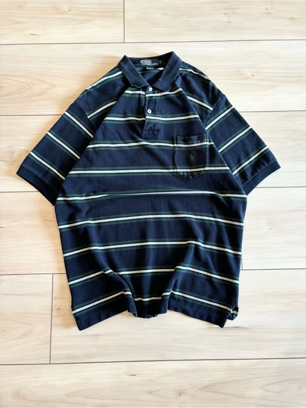 Polo Ralph Lauren Vintage 90s Rugby Navy Men’s Polo with Green and White Stripes